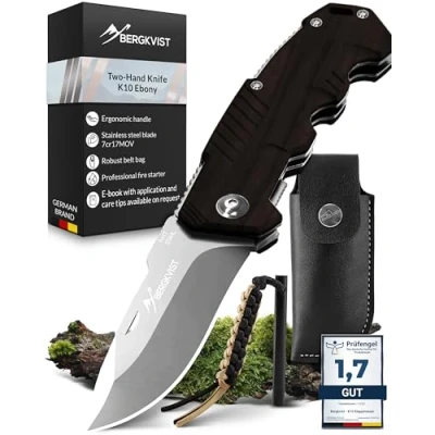 Imagen de BERGKVIST® K10 Cuchillo plegable (navaja de dos manos) Navaja afilada para exteriores, supervivencia o caza con acero al fuego y funda cinturón Mango ébano