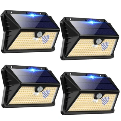 Imagen de OUILA Luz Solar Exterior, 【4 Paquete】 185 LED/3 Modos Focos Solares Exterior con Sensor de Movimiento, IP65 Impermeable Lamparas para Jardín, Garaje, Calle, Patio, Caminos(Blanco Cálido)