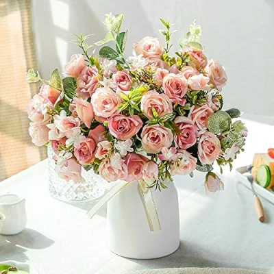 Imagen de LESING Rosas Artificiales de Seda con florero, Flores Falsas, Ramos Boda, arreglo para el hogar, Oficina, Fiesta, Centro Mesa (Rosa)
