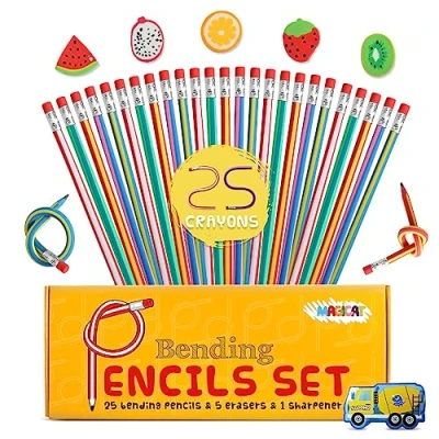 Imagen de Magicat Lapices flexibles para niños Premium I Pack de 25 lápices, 5 gomas borrar y 1 sacapuntas regalos cumpleaños infantiles, alumnos primaria