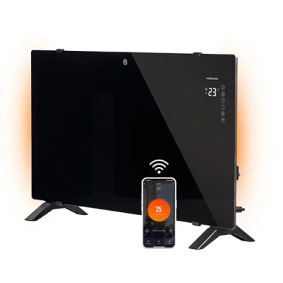 Imagen de Mellerware Convector Eléctrico WIFI Cristal Warmy 2000W 4 Modos de Funcionamiento 0 45ºC Autoapagado Soporte Suelo/Pared Programable Temporizador 24h 81x48x21 APP