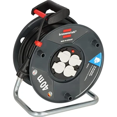 Imagen de Brennenstuhl Garant V2 1208300500 Tambor de cable (40 m, fabricado en Alemania, uso interiores, 4 enchufes contacto con tapas cierre automático, mango ergonómico), color negro