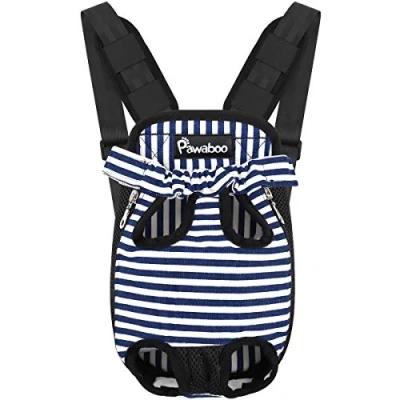 Imagen de Pawaboo Mochila del Perro Adjustable Bolsa Delantera Pet Front Cat Dog Carrier Backpack/Piernas Afuera &amp; Fácil de Ajustar para Viajar/Senderismo/Camping, Talla L Rayas Azules y Blancas