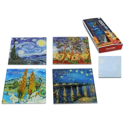 Imagen de CARMANI,Posavasos de cristal, almohadilla tapete resistente al calor, juego 4 unidades, estampado con Vincent Van Gogh, la noche estrellada, álamos, estrellada sobre el ródano