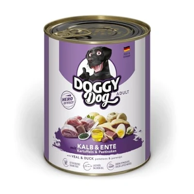 Imagen de DOGGY Dog Paté Becerro &amp; Pato, 6 x 800 g, Comida húmeda para Perros, sin Cereales, con Aceite de salmón y mejillón Labios Verdes, pienso Completo Patatas chirivía, Fabricado en Alemania