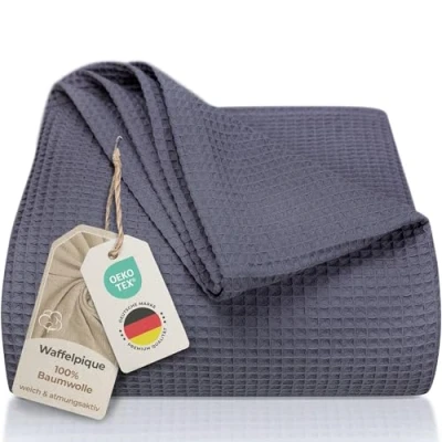 Imagen de LAYNENBURG Manta para sofá Verano 240 x 260 cm XXL Waffle Pique 100% algodón cocha Ligera de como Cama, aireada (Antracita)