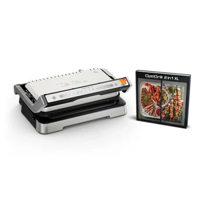 Imagen de Tefal OptiGrill GC782D10 Barbacoa de contacto 2 en 1 XL, plegable, 12 programas, indicador nivel cocción, placas XL extraíbles, parrilla eléctrica, color plateado