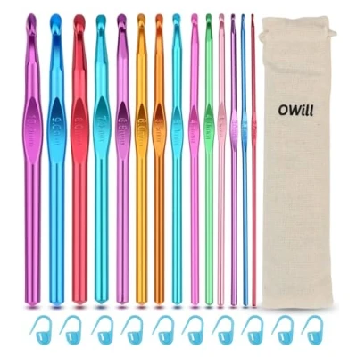 Imagen de OWill 24 PCS Agujas de ganchillos Kit, Contiene 14 tamaños aluminio colores y 10 marcadores,Conjuntos ergonómicos ganchillo para Principiantes Adultos