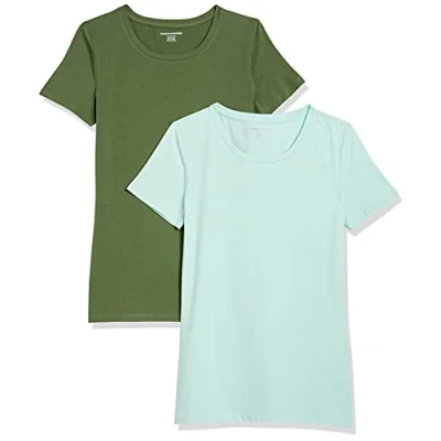 Imagen de Amazon Essentials Camiseta de Cuello Caja Manga Corta y Ajuste Clásico Mujer, Pack 2, Verde Menta/Verde Militar, L