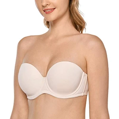 Imagen de DELIMIRA Sujetador sin Tirantes con Aros Tallas Grandes Invisible Multiposicion para Mujer Rosa Blanca 85C