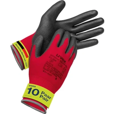 Imagen de Uvex Unipur 6639, 10 pares de guantes montaje para zonas secas y ligeramente húmedas, ligeros, sensibles resistentes a la suciedad, color rojo negro