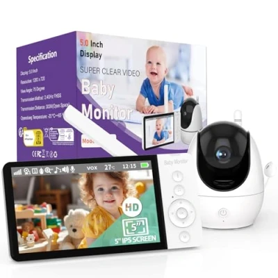 Imagen de OBVHNUA 5&#039;&#039; Camara Vigilancia Bebe, 355PTZ Vigilabebes con Camara, 5000 mAh Batería, Zoom 10X, VOX, Visión Nocturna, Comunicación Bidireccional, Monitoreo de Temperatura, Grabación Vídeo, 720p