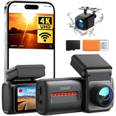 Imagen de iZEEKER 4K Dashcam Frontal y Trasera, WiFi 6 Dash CAM Coche con Tarjeta 32G, 4K+1080P Camara Coche, Pantalla de 2.99&quot;, App, Visión Nocturna, Sensor G, Grabación en Bucle, 24H Monitor Aparcamiento