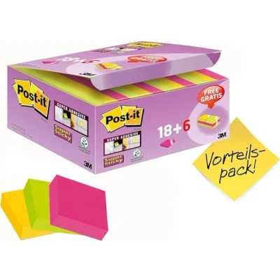 Imagen de Post it Super Sticky Notas, colores surtidos, 47,6 mm x mm, 18+6 blocs GRATIS. 90 hojas/bloc, 24 blocs/paquete