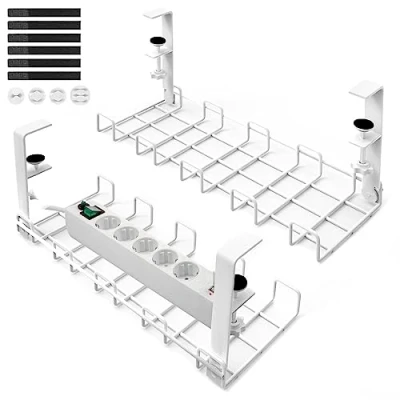 Imagen de Lannvan Bandeja Organizador Cables Escritorio Juego de 2 Organizadores sin Taladros Cable Management Recoge Mesa Soporte con Abrazadera Blanco