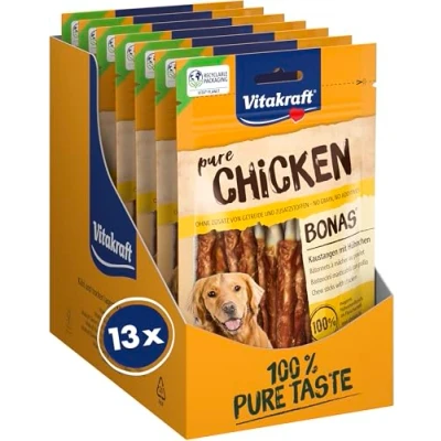 Imagen de Vitakraft Pure Chicken Bonas Palillo de mascar Recubiertos Carne Pollo Dulce para Perros Receta sin Cereales ni azúcar añadido (13 x 80 g)
