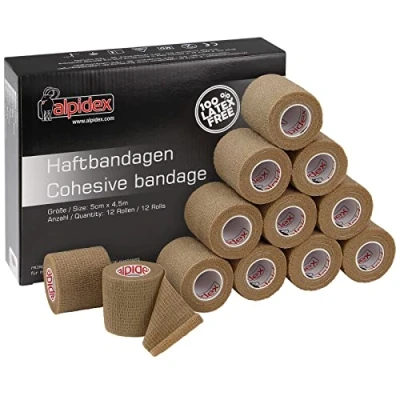 Imagen de ALPIDEX 12 Rollos Venda Adhesiva 5 cm x 4,5 m Cohesiva Envoltura Tape Deportiva Bendaje Autoadhesiva Mano Rodillas Tobillo Vet Wrap Perro Gato Caballo, Color:beige