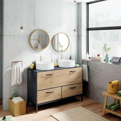 Imagen de Mueble de Baño Con Lavabos Doble Sena Color Roble Gold y Mármol Negro 120x50x92 cm