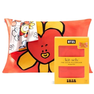 Imagen de Kitsch x BT21 Funda de almohada satén con cremallera para cabello y piel, más suave que la seda, fundas Queen, lavable a máquina, sin arrugas, refrescante,