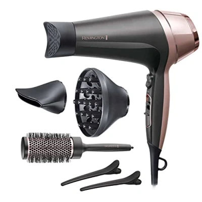 Imagen de Remington Secador de Pelo Curl &amp; Straight Confidence, 2 en 1 Alisa Y Riza, Iónico, 2200 W, Concentradores, Difusor Cepillo Barril, 3 Temperaturas, Velocidades, Color Negro Rosa, D5707