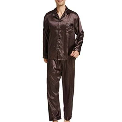 Imagen de Conjunto de Pijama satén para Hombre, Manga Larga, Ropa Dormir, marrón, L