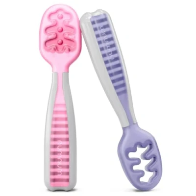 Imagen de NumNum Precucharas De Aprendizaje Para Bebés, Juego 2 Cucharas Silicona (Etapa 1 + Etapa 2), #1 Recomendada Por Nutricionistas y Expertos Baby Led Weaning (Rosa/Lila) (pre spoons Lilac/Rosebud)