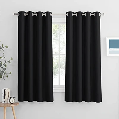 Imagen de PONY DANCE Cortinas Dormitorio Matrimonio Termicas Aislantes Frio y Calor Cortina Negra Opaca con Ojales Cortas, 2 Piezas, 132x158 CM, Negro