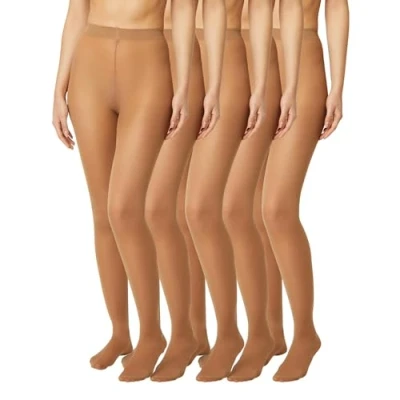 Imagen de FM London mallas para mujer (paquete de 5) Cómodas, con diseño elástico Medias negras 40 denier, desnudas, construcción duradera, Nude, L