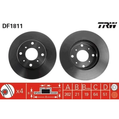 Imagen de TRW DF1811 Disco de freno 262 21 4 114,3 ventilado barnizado con tornillos
