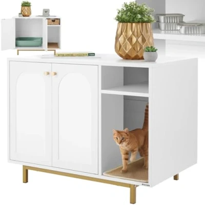 Imagen de TecTake® Mueble arenero Gatos 2 en 1 con Entrada Lateral y Puertas magnéticas, Compartimento Integrado, Alfombra Gato, para Caja de Arena Blanco/Dorado