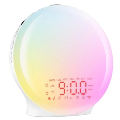 Imagen de Despertador Luz Bluetooth,Reloj de Amanecer,Wake Up Light Simulación Amanecer/Atardecer,17 Luces Colores,2 Alarmas, 20 Niveles Brillo,22 Sonidos,Snooze Radio FM,Despertador Infantil
