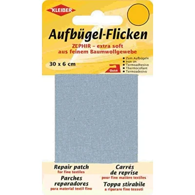 Imagen de Kleiber Cinta de reparación algodón Fino, Extra Suave, termoadhesiva, 30 x 6 cm, Color Gris Claro