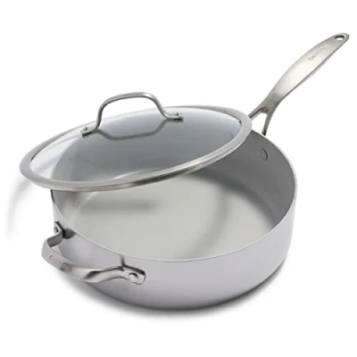 Imagen de GreenPan Venice Pro Sartén Jumbo Tri Ply Acero Inoxidable Cerámica Antiadherente 28cm/4.8 Litros, Mango y Tapa, Sin PFAS, Multi Clad, Inducción, Apta para Lavavajillas, Horno, Plata