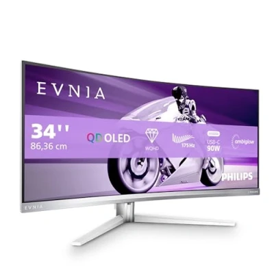 Imagen de Philips Evnia 34M2C8600 Monitor curvo para juegos OLED WQHD de 34&quot;, 175Hz,Ambiglow,HDR400, FreeSync Premium Pro,G Sync Comp. (3440x1440, 0,1ms GtG,HDMI,DisplayPort,USB C, concentrador USB) gris/blanco