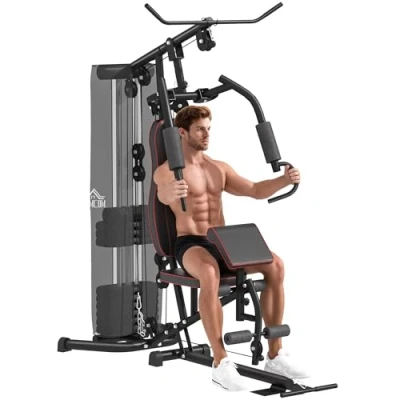 Imagen de HOMCOM Multiestación Musculación Máquina de con Prensa Piernas y Pecho Placas Peso 45 kg Polea Carga 150 para Entrenamiento Gimnasio en Casa Negro