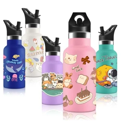 Imagen de Vikaster Botella agua Niños, con Tapade Popote y asa, Acero Inoxidable, Sin BPA, 350ml, Termica Reutilizable, para Adultos, Escuela, Ciclismo, Gym, Deportiva