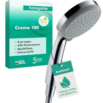 Imagen de hansgrohe Croma 100 ducha de mano ahorro agua 9 l/min (EcoSmart), alcachofa con 4 tipos chorro, cabezal redondo (⌀ mm), sistema antical, cromo, 28537000