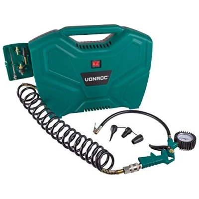 Imagen de Vonroc Compresor de Aire Portátil 1100 W, 8 Bar Flujo 180 L/m Inflador Neumáticos Coche, Motocicleta, Globo Sin Aceite con 11 Accesorios (Racordes Rápidos Universales)