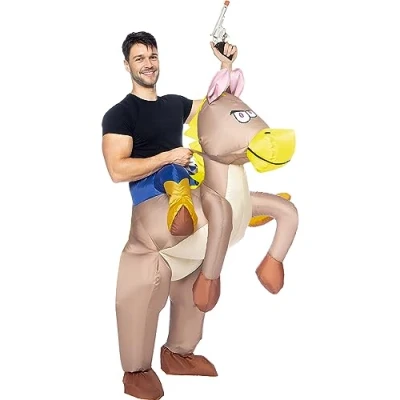 Imagen de Funidelia Disfraz a hombros de vaquero con caballo hinchable para hombre y mujer Vaqueros, Indios, Western adultos accesorios Carnaval Halloween Talla única Marrón