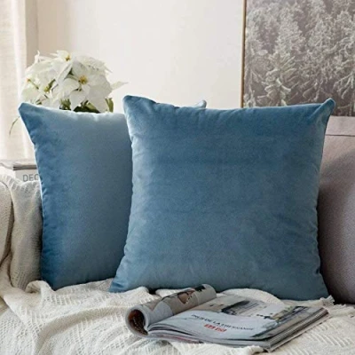 Imagen de MIULEE Funda Cojines de Terciopelo para Sofa Suave Fundas Almohada Cama Silla Color Solido Cremallera Oculta Decoración Sala Estar Dormitorio Habitacion 2 Piezas 45x45cm Agua Azul