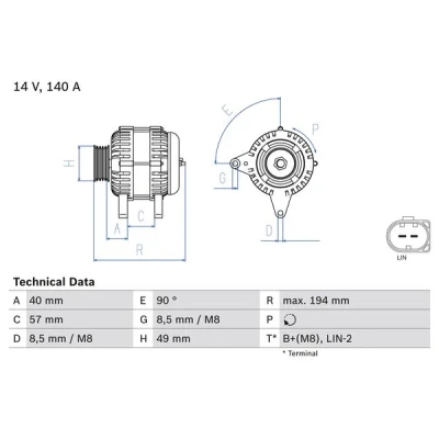 Imagen de BOSCH 0 986 083 130 Alternador 14V 140A VOLKSWAGEN: Transporter 5, 5 Bus, Golf 7, AUDI: Q2, A3 Berlina, A1 Sportback