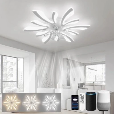 Imagen de LJX Lampara Ventilador 78cm de Techo con Luz LED Compatible Alexa y Google Assistant Temporizador Silencioso Reversible 6 Velocidades para Dormitorio Salón, Blanco