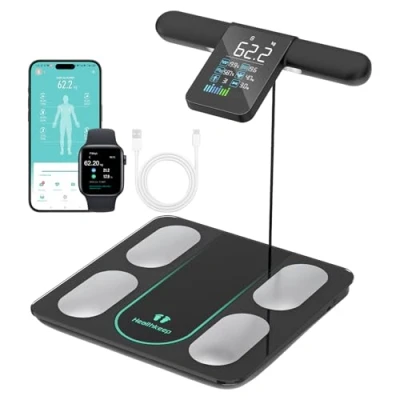 Imagen de Healthkeep Báscula Persona Balance Conectada Impedancia Con 8 Electrodos 21 Datos Corporal Pantalla VA Medición BIA de Doble Frecuencia APP para Andriod e iOS, Máx. 180 kg/400 lb/28