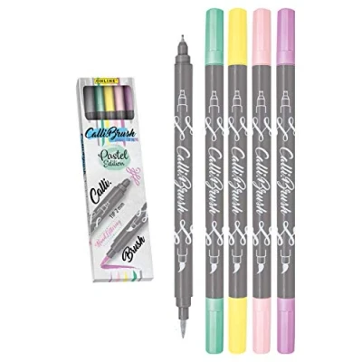 Imagen de Online Calli.Brus, juego de 5 rotuladores para escritura a mano, caligrafía, pluma con punta caligrafía y pincel bullet Journaling, acuarelas, color pastel