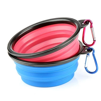 Imagen de H&amp;S Cuenco Plegable de Silicona para Perro 2uds Bebedero o Comedero Portatil sin BPA Perros Incluye Mosquetón Portátil Viaje