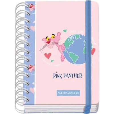 Imagen de Dohe Agenda Escolar 2024 2025 Día por Página, Tamaño A6 (12x17 cm), Cierre Anillas y Goma, Español e Inglés, 4 Páginas de Pegatinas, Septiembre a Junio, Material Pink Panther ecoPink