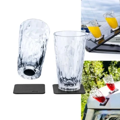 Imagen de Silwy® Vasos magnéticos de plástico alta tecnología con nano almohadillas gel metal, antideslizantes, accesorios para camping, barcos y yates (bebida larga, 0,3 L, juego 2)