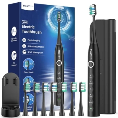 Imagen de Cepillo de Dientes Eléctrico Sónico Adultos con 8 Cabezales Electrico Estuche, 5 Modos, IPX7 Impermeable, Viaje Recargable, Negro Mate