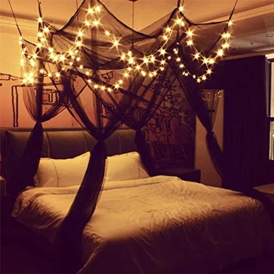 Imagen de HanYun Mosquitera para Cama de Matrimonio con 100 Luces LED Cadena Estrellas Elegante Mosquitera, Juego Dosel, toldo Cuadrado Cama, Cortinas Full/Queen/King (Negro)