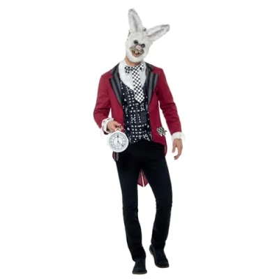 Imagen de Smiffys Disfraz de conejo blanco, deluxe, Rojo, con chaqueta, camisa falsa, máscara EVA y reloj bolsillo